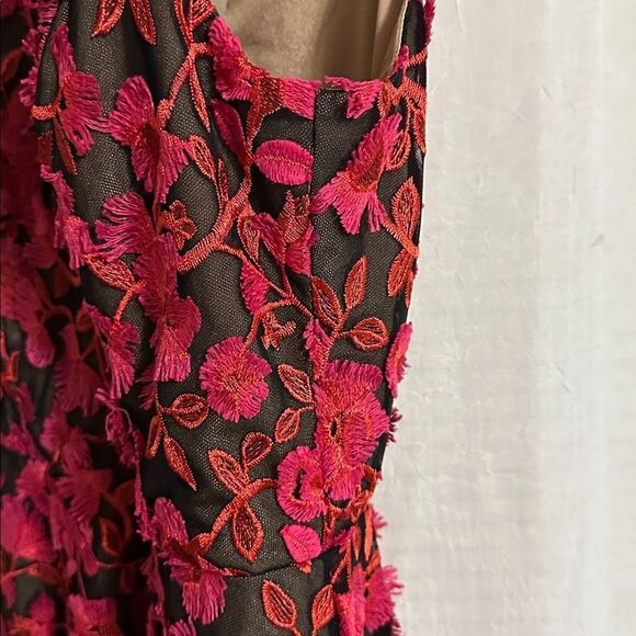 Dress the Population L Elisa Fuchsia Coral Black Tulle V-Nevk & Back Zip Dress - Picture 12 of 17